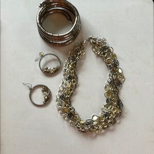 Elegant tricolor Silver, Gold metallic earring necklace bracelet Jewelry 4pc Set